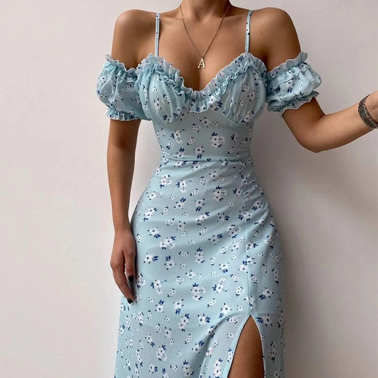 Floral Midi Corset Dress Boho Flowy Slit Lace Up Summer Dresses for Women Spaghetti Strap Dress Going Out Sundress