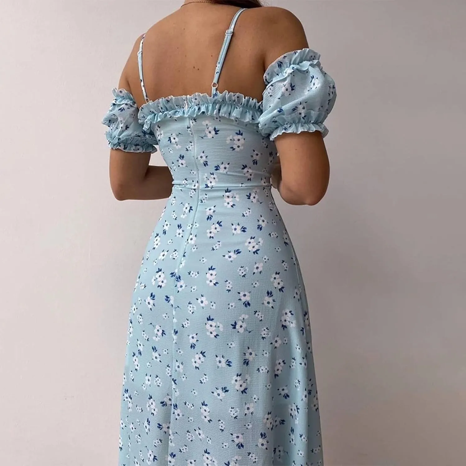 Floral Midi Corset Dress Boho Flowy Slit Lace Up Summer Dresses for Women Spaghetti Strap Dress Going Out Sundress
