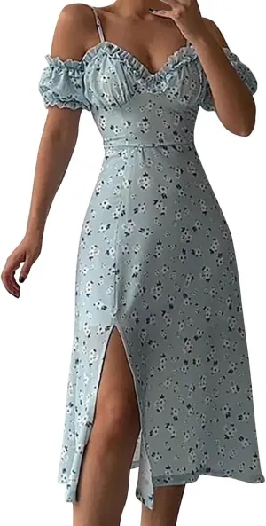 Floral Midi Corset Dress Boho Flowy Slit Lace Up Summer Dresses for Women Spaghetti Strap Dress Going Out Sundress