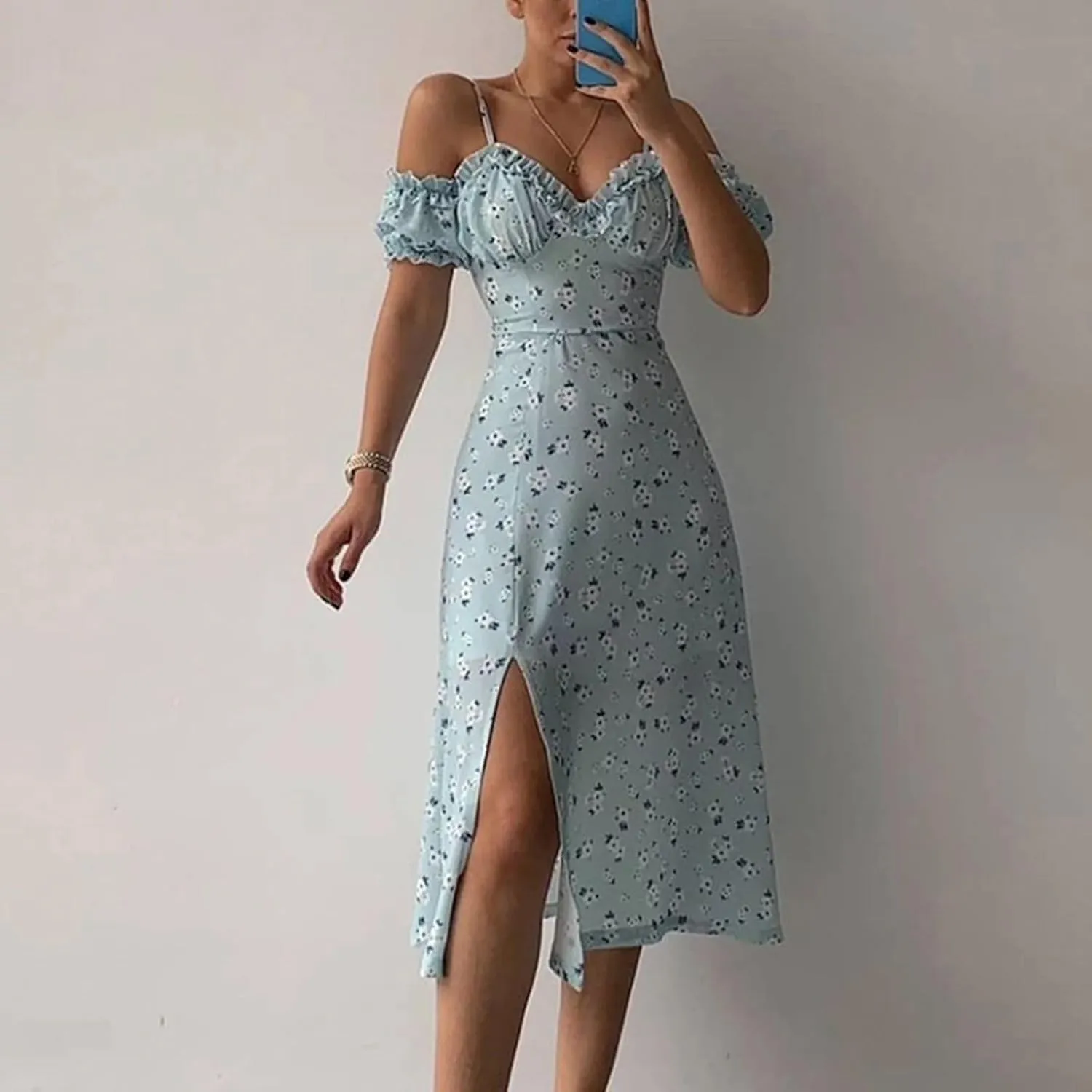 Floral Midi Corset Dress Boho Flowy Slit Lace Up Summer Dresses for Women Spaghetti Strap Dress Going Out Sundress