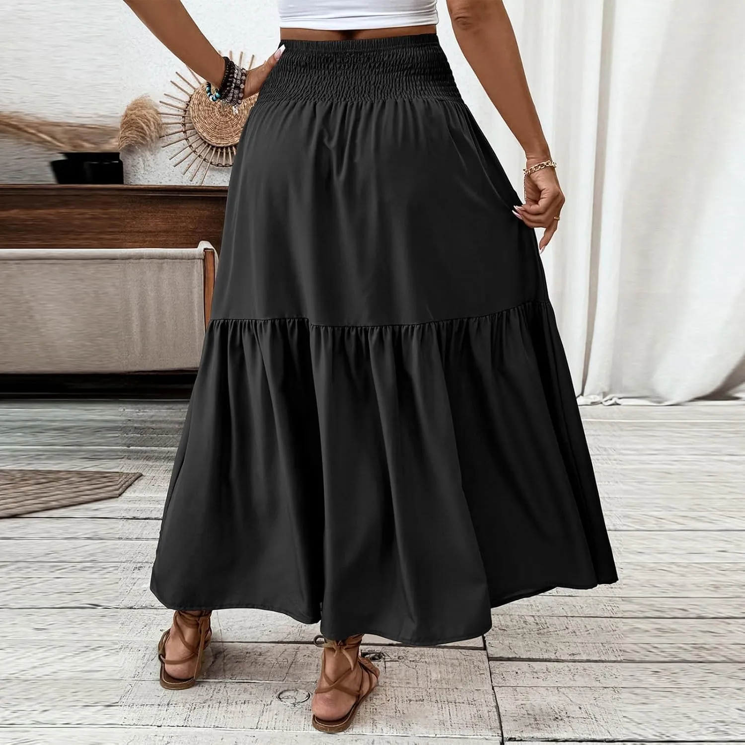Floral Skirts for Women Summer Loose Casual Trendy Solid Elastic Waist Lightweight Boho Flowy Maxi Skirt, S-XL