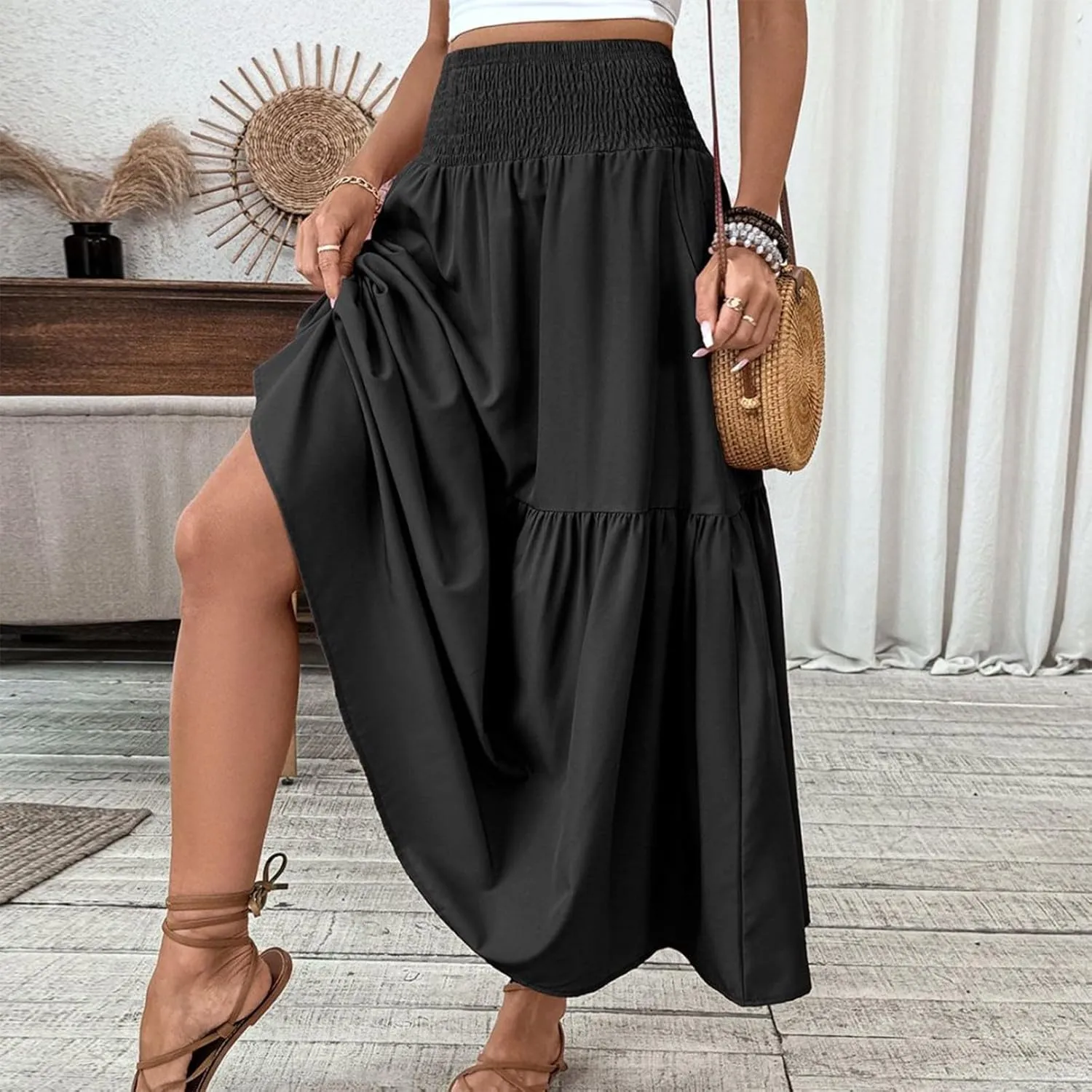Floral Skirts for Women Summer Loose Casual Trendy Solid Elastic Waist Lightweight Boho Flowy Maxi Skirt, S-XL