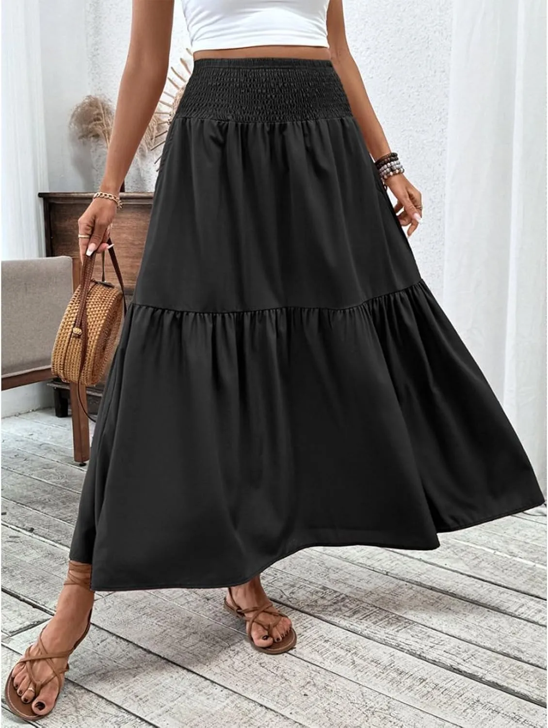 Floral Skirts for Women Summer Loose Casual Trendy Solid Elastic Waist Lightweight Boho Flowy Maxi Skirt, S-XL