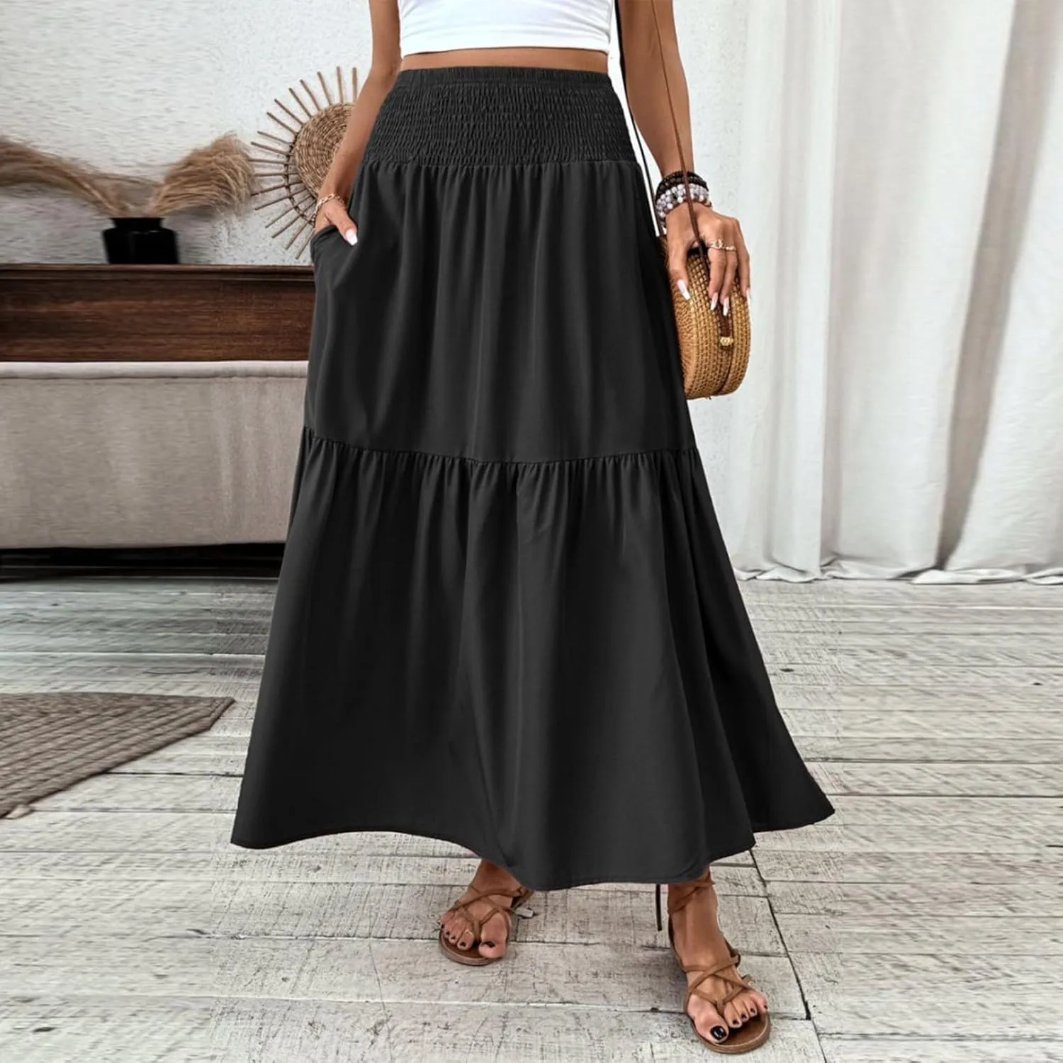 Floral Skirts for Women Summer Loose Casual Trendy Solid Elastic Waist Lightweight Boho Flowy Maxi Skirt, S-XL