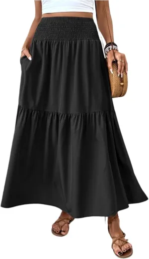 Floral Skirts for Women Summer Loose Casual Trendy Solid Elastic Waist Lightweight Boho Flowy Maxi Skirt, S-XL
