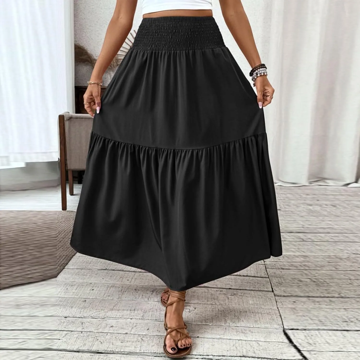 Floral Skirts for Women Summer Loose Casual Trendy Solid Elastic Waist Lightweight Boho Flowy Maxi Skirt, S-XL