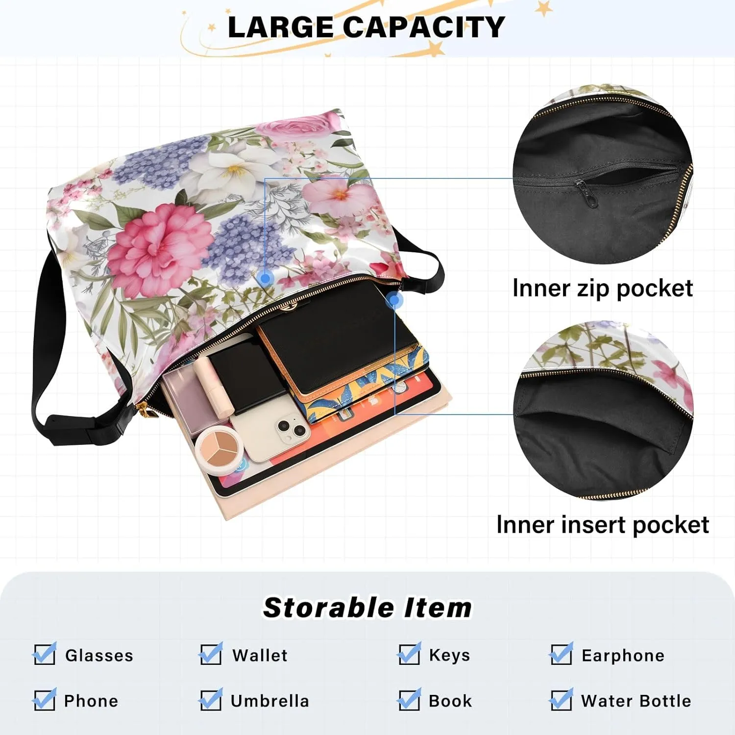 Floral with Red Roses Shoulder Crossbody Bag, Womens Shoulder Bag with Pockets, Large Crossbody Bag