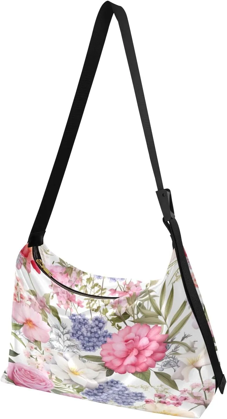 Floral with Red Roses Shoulder Crossbody Bag, Womens Shoulder Bag with Pockets, Large Crossbody Bag