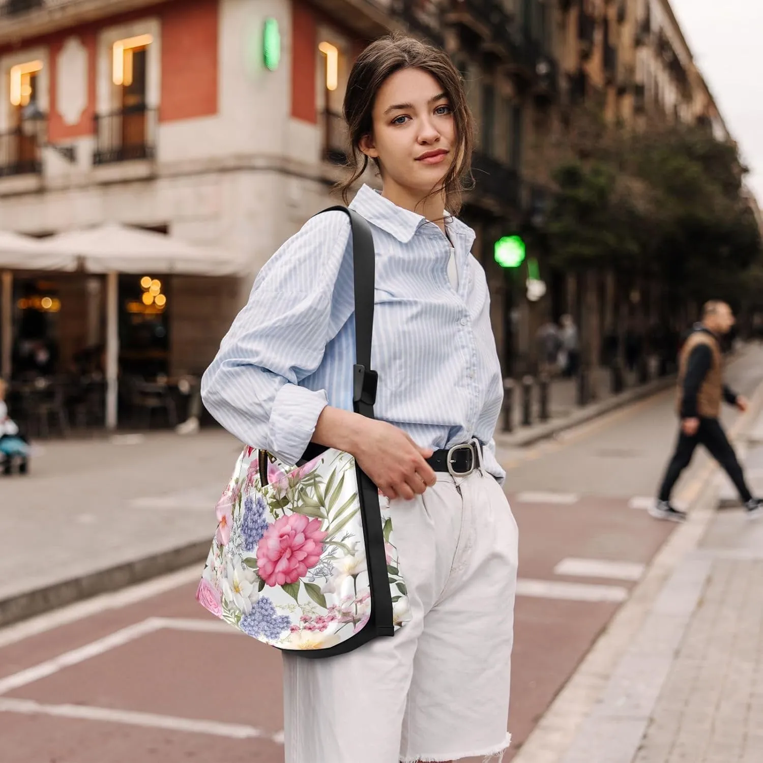 Floral with Red Roses Shoulder Crossbody Bag, Womens Shoulder Bag with Pockets, Large Crossbody Bag