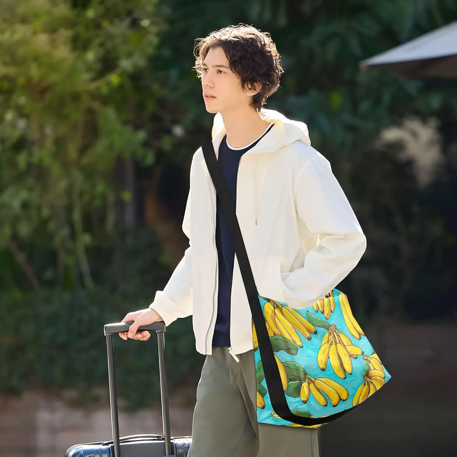 Flower and Floral Watercolor Man Leather Bag, Large Crossbody Bag, Zipper Shoulder Bag