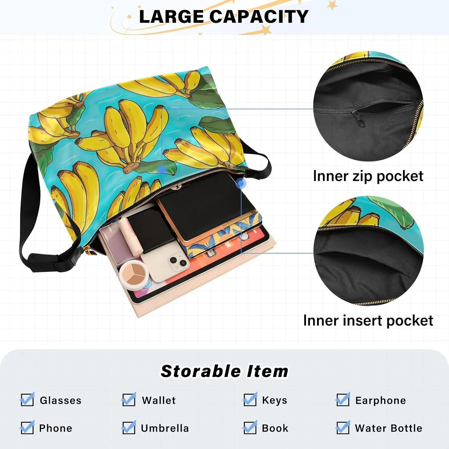Flower and Floral Watercolor Man Leather Bag, Large Crossbody Bag, Zipper Shoulder Bag