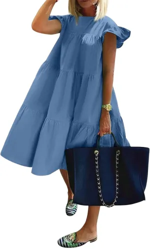 Flowy Dresses for Women Crewneck Ruffle Short Sleeve Midi Dress Tiered Boho Casual Loose Fit Beach Vacation Dresses