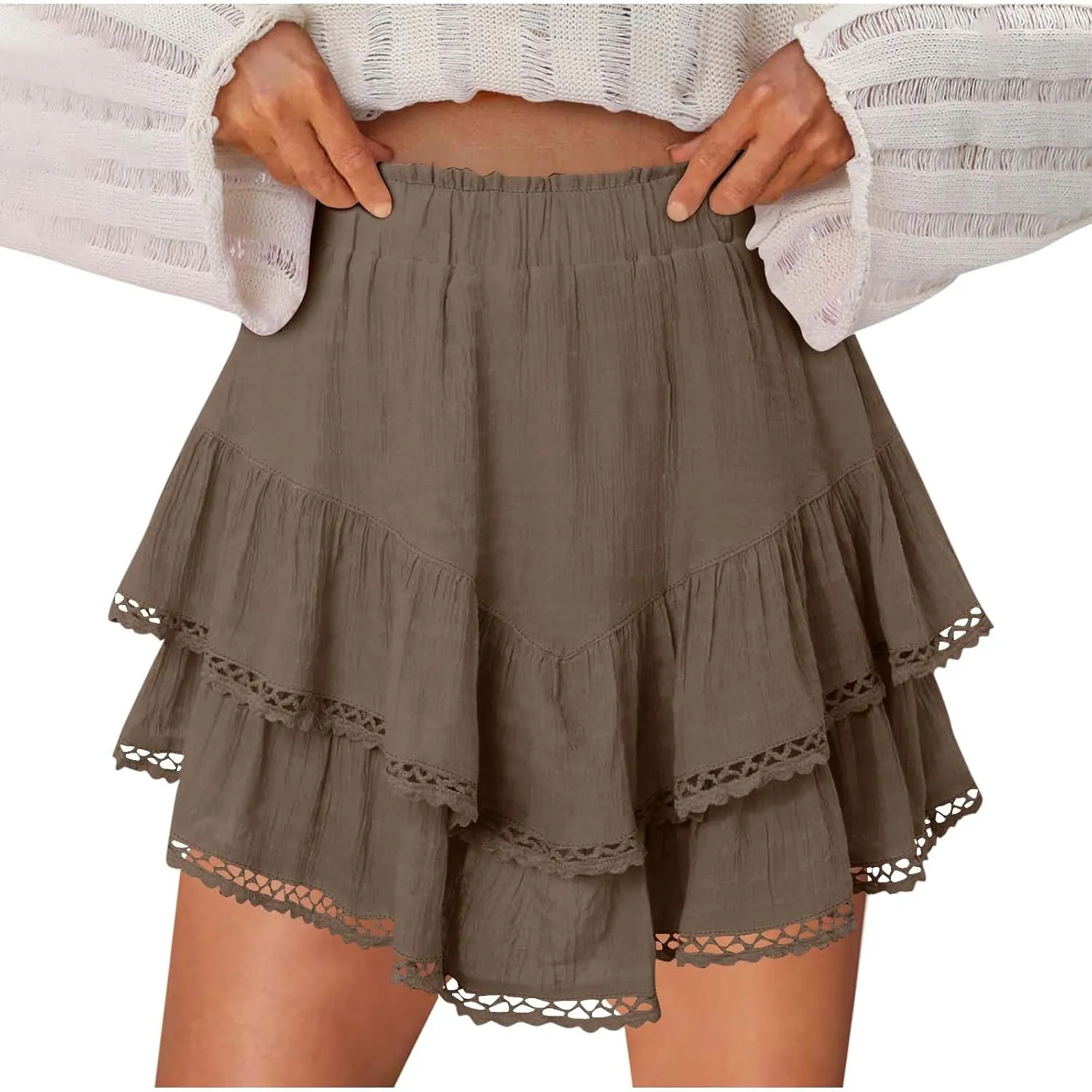 Flowy Shorts for Women Ruffle Boho Tiered Skirt High Waist Athletic Tennis Golf Skorts Summer Crochet Casual Shorts