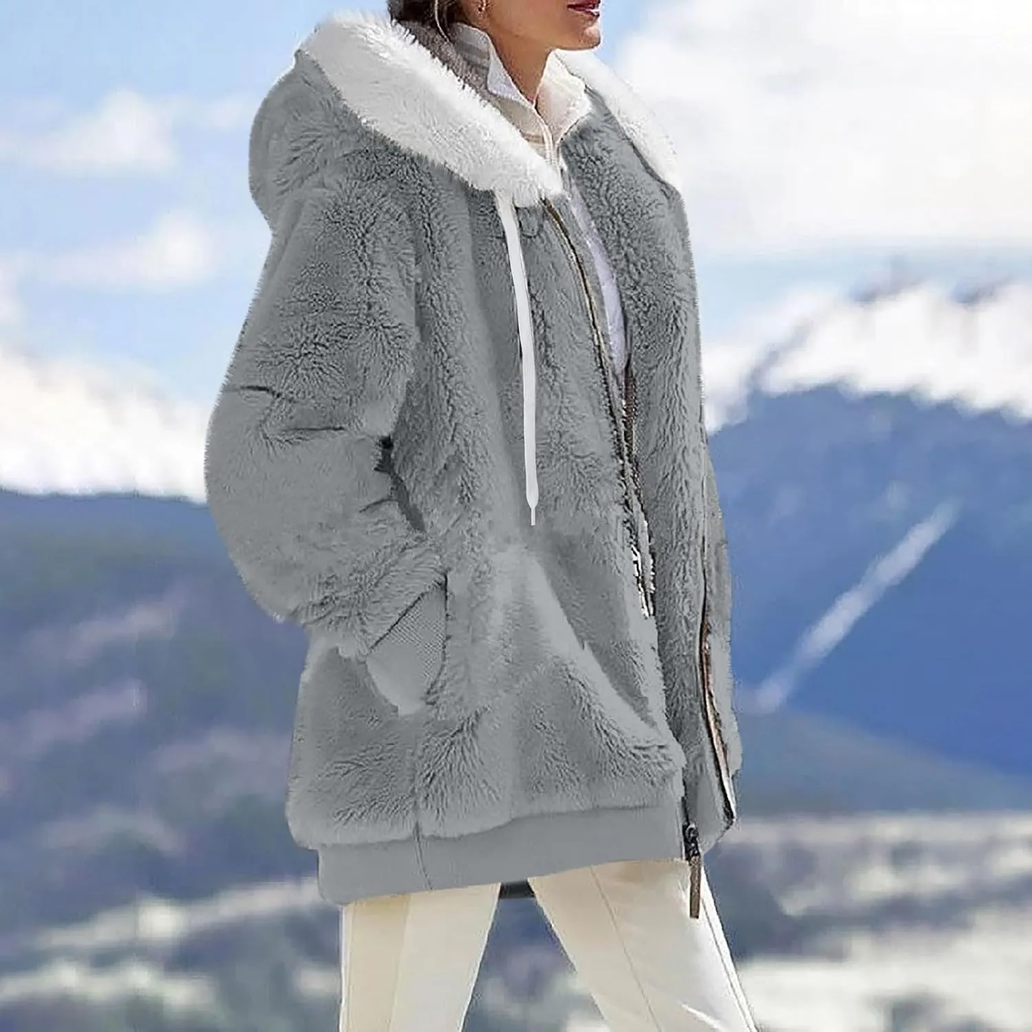 Fuzzy Fleece Jacket Women Fluffy Plus Size Faux Fur Coats Shaggy Oversized Zip Up Hoodie with Pockets Sherpa Jackets