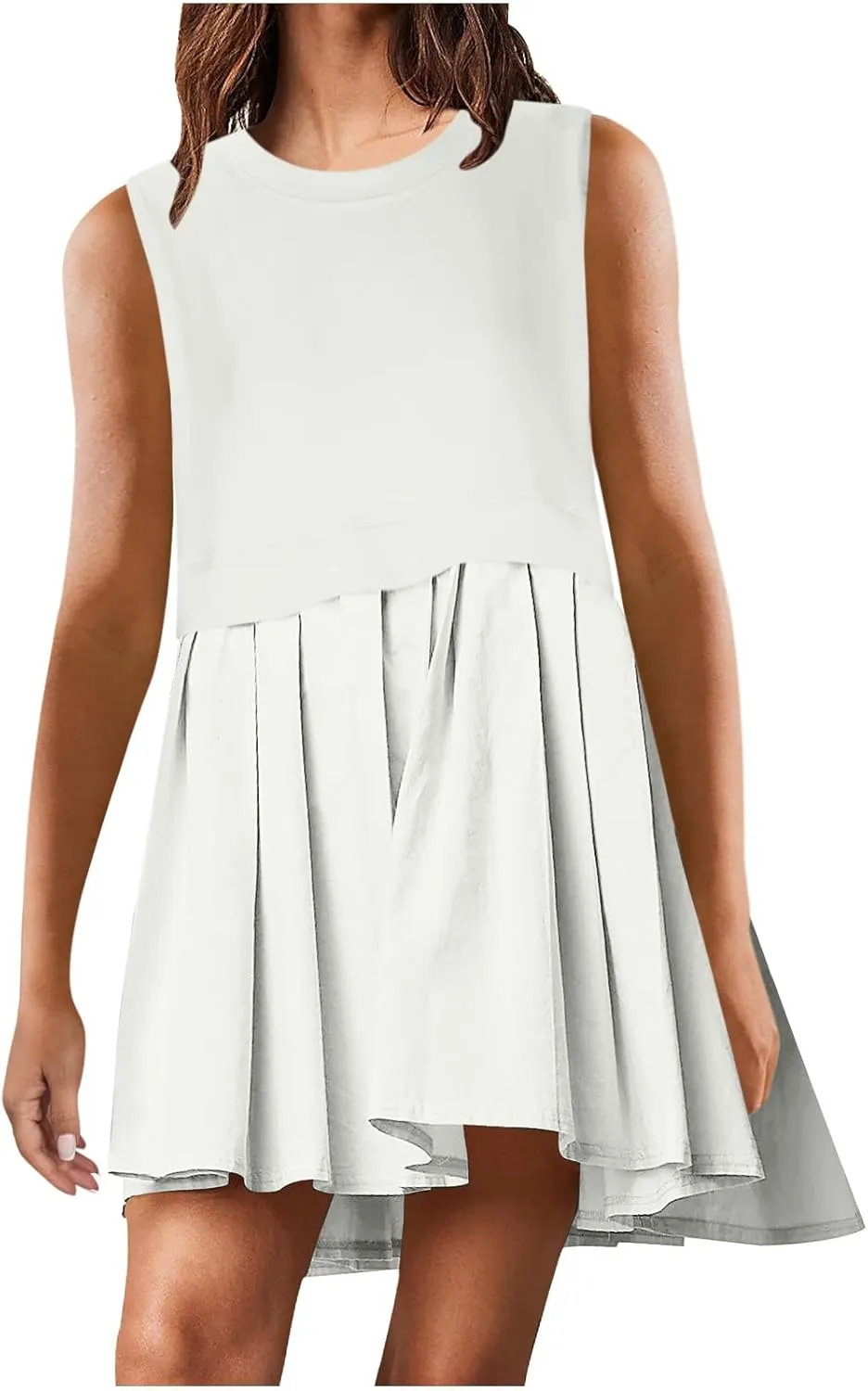 FZYLQY Sleeveless Dresses for Womens Casual Summer Pleated Tank Dress Ruffle Flowy Mini Dress Solid Crewneck Pleated Dress