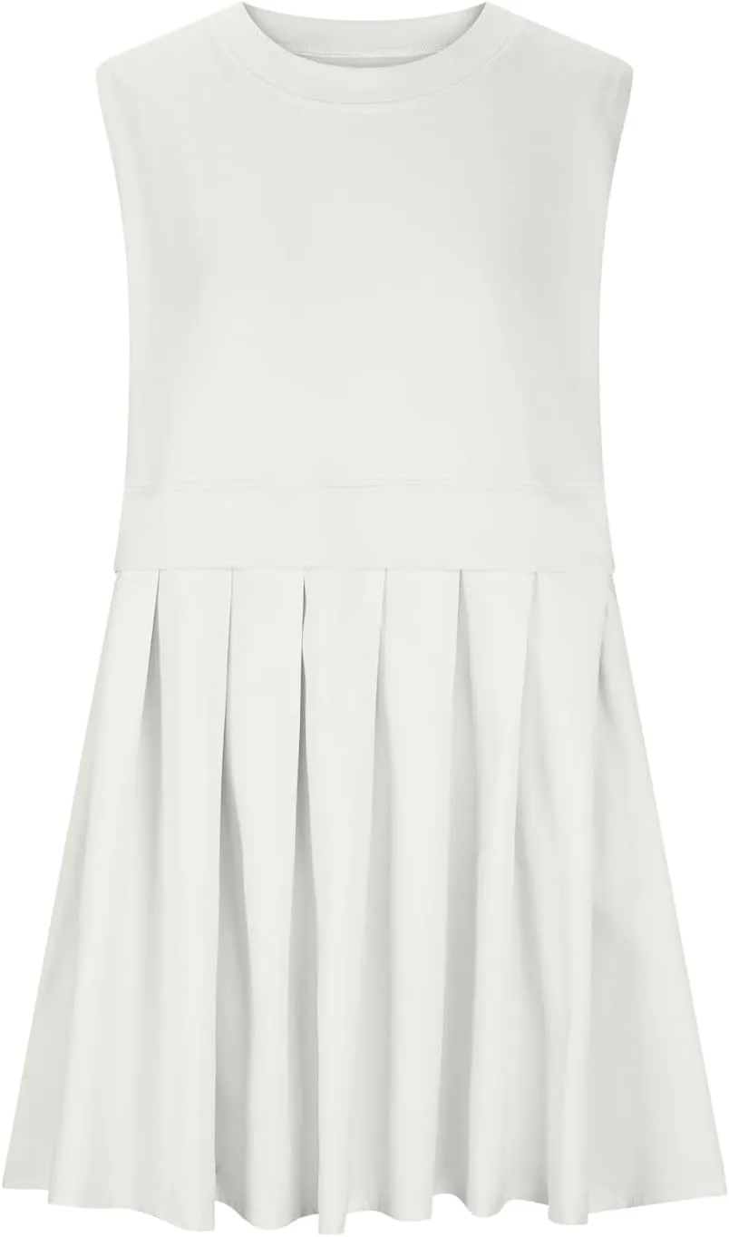FZYLQY Sleeveless Dresses for Womens Casual Summer Pleated Tank Dress Ruffle Flowy Mini Dress Solid Crewneck Pleated Dress