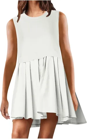 FZYLQY Sleeveless Dresses for Womens Casual Summer Pleated Tank Dress Ruffle Flowy Mini Dress Solid Crewneck Pleated Dress