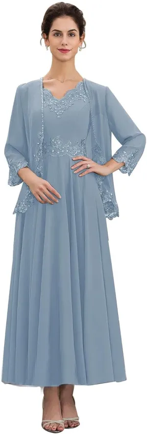 GARDOM Appliques 2 Pieces Mother of The Bride Dresses with Jackets Long Sleeve Tea Length Mother Groom Dress Wedding 2024