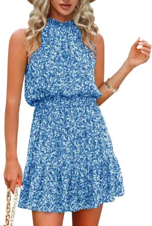 Gevomir Womens Halter Dresses Summer Boho Floral Sundress 2024 Casual Sleeveless Beach Short Dress