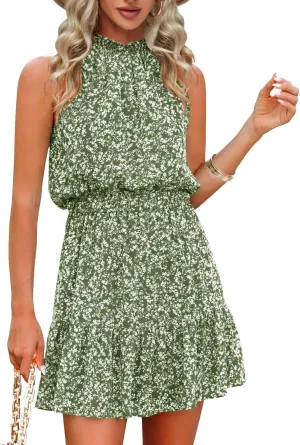 Gevomir Womens Halter Dresses Summer Boho Floral Sundress 2024 Casual Sleeveless Beach Short Dress