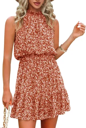 Gevomir Womens Halter Dresses Summer Boho Floral Sundress 2024 Casual Sleeveless Beach Short Dress