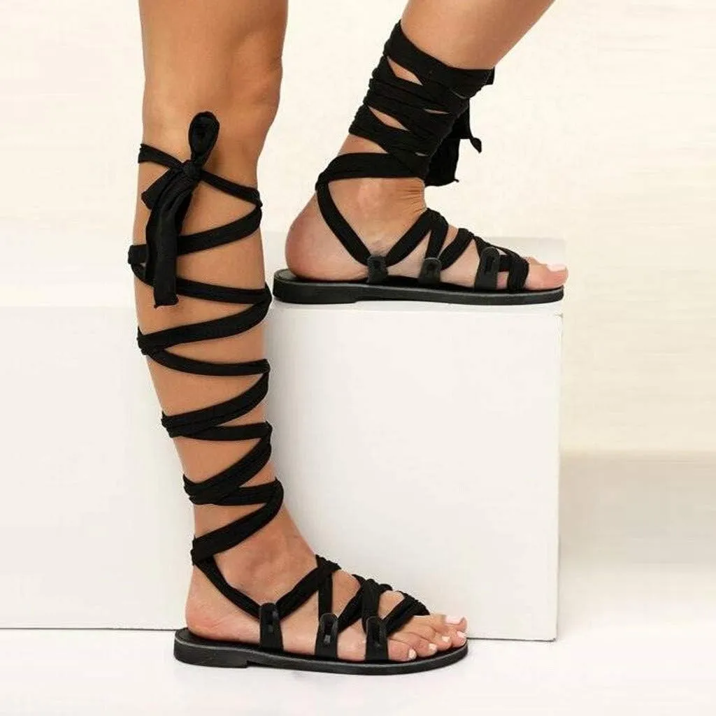 Gibobby Sandals for Women Wide Width,Knee High Gladiator Sandals Flat Lace Up Strappy Summer Shoes Flat Sandals