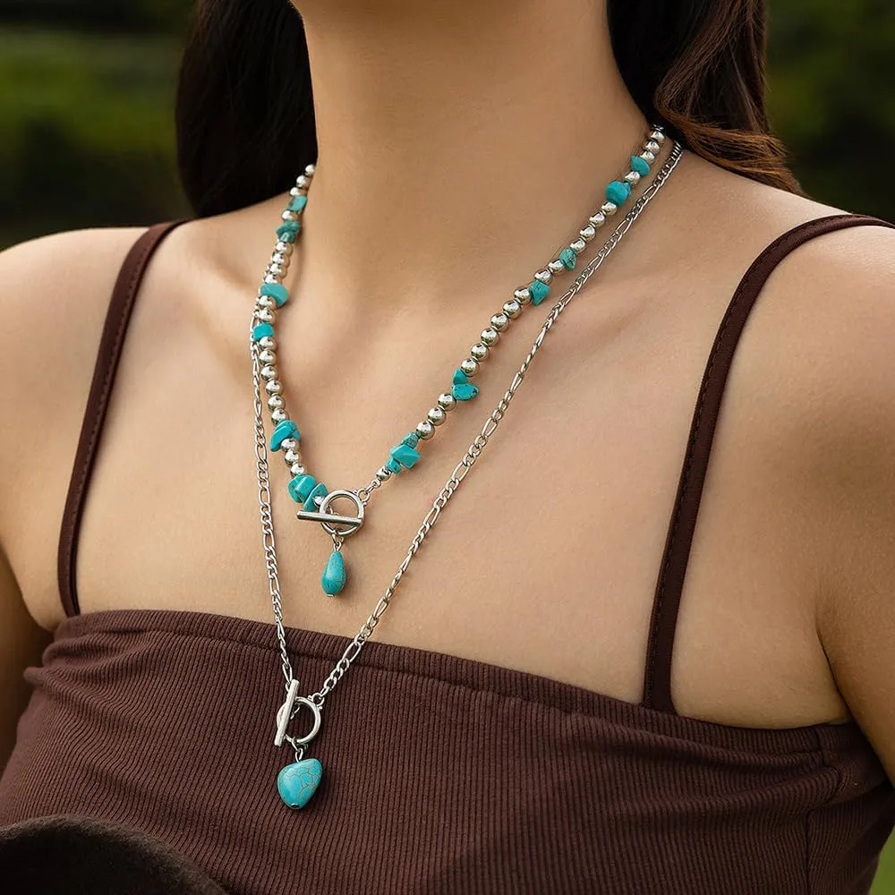GIGB PBDK Layered Necklaces for Women Trendy Boho Turquoise Heart Chain Necklaces Vintage Beaded Teardrop Pendant Necklaces Country Concert Renaissance Jewelry