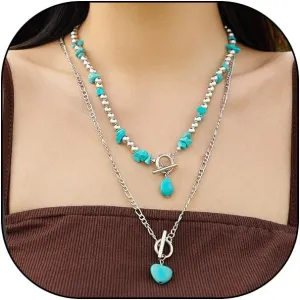 GIGB PBDK Layered Necklaces for Women Trendy Boho Turquoise Heart Chain Necklaces Vintage Beaded Teardrop Pendant Necklaces Country Concert Renaissance Jewelry
