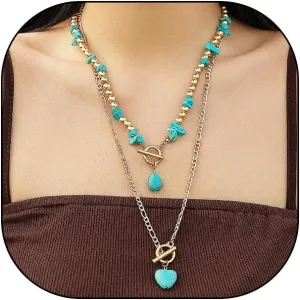 GIGB PBDK Layered Necklaces for Women Trendy Boho Turquoise Heart Chain Necklaces Vintage Beaded Teardrop Pendant Necklaces Country Concert Renaissance Jewelry
