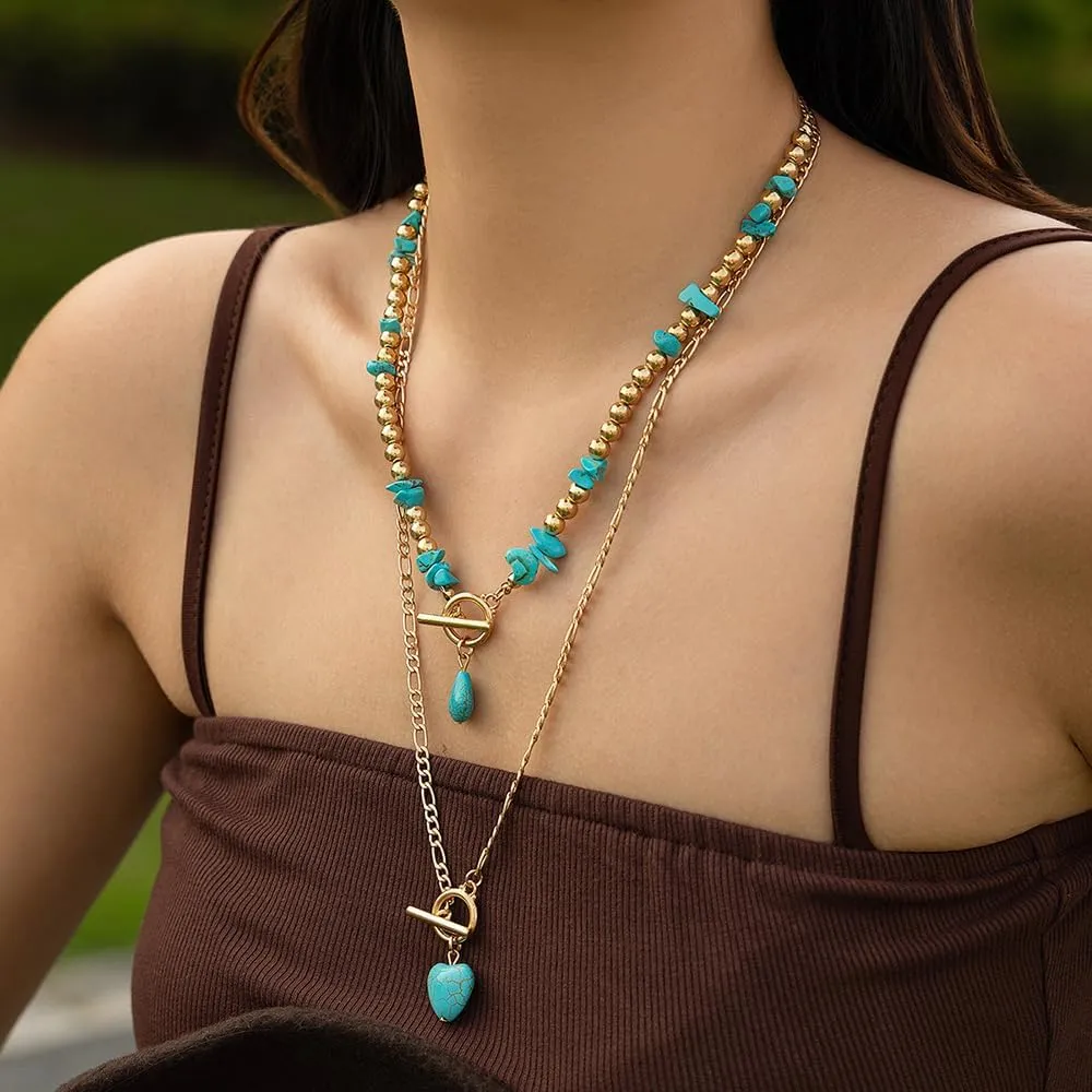 GIGB PBDK Layered Necklaces for Women Trendy Boho Turquoise Heart Chain Necklaces Vintage Beaded Teardrop Pendant Necklaces Country Concert Renaissance Jewelry