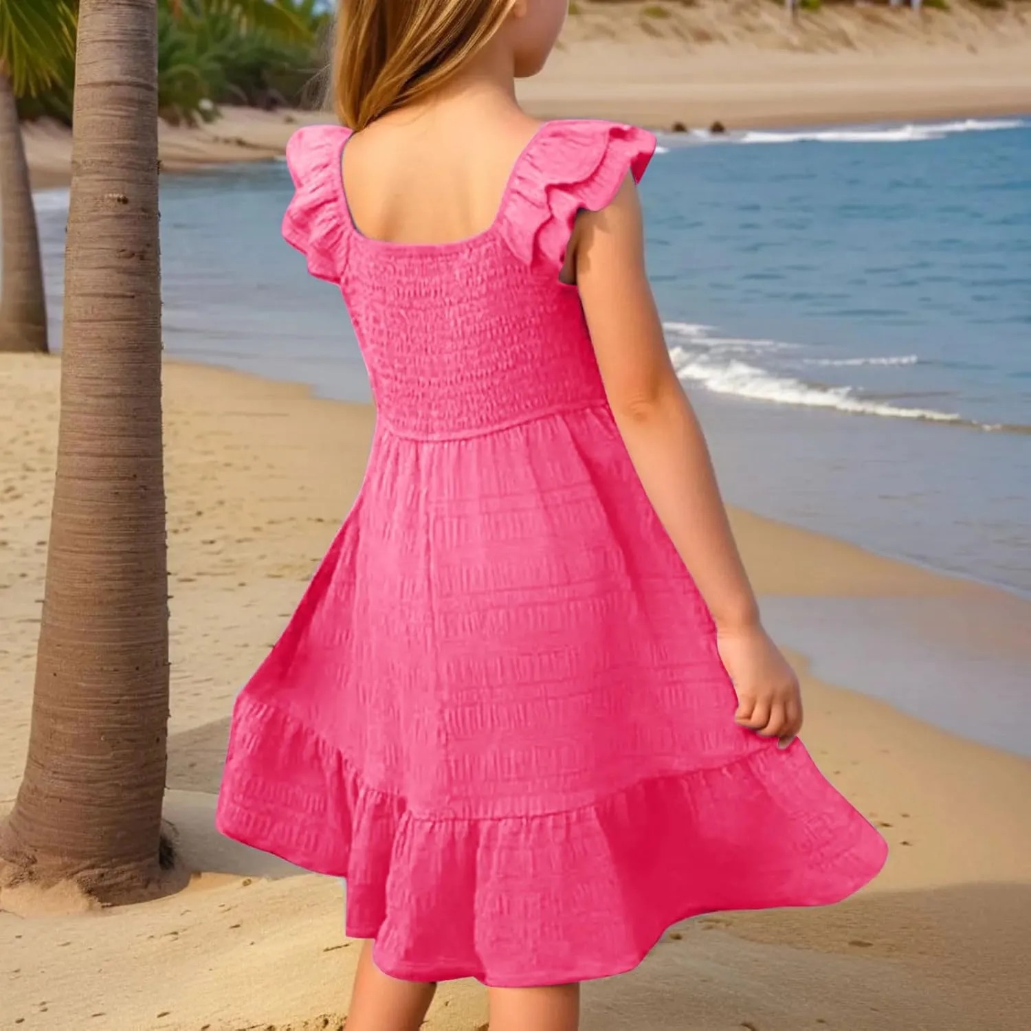 Girl's 2025 Summer Dresses Smocked Flutter Sleeve a Line Sundresses Swing Mini Casual Party Dresses Size 3-14 Years