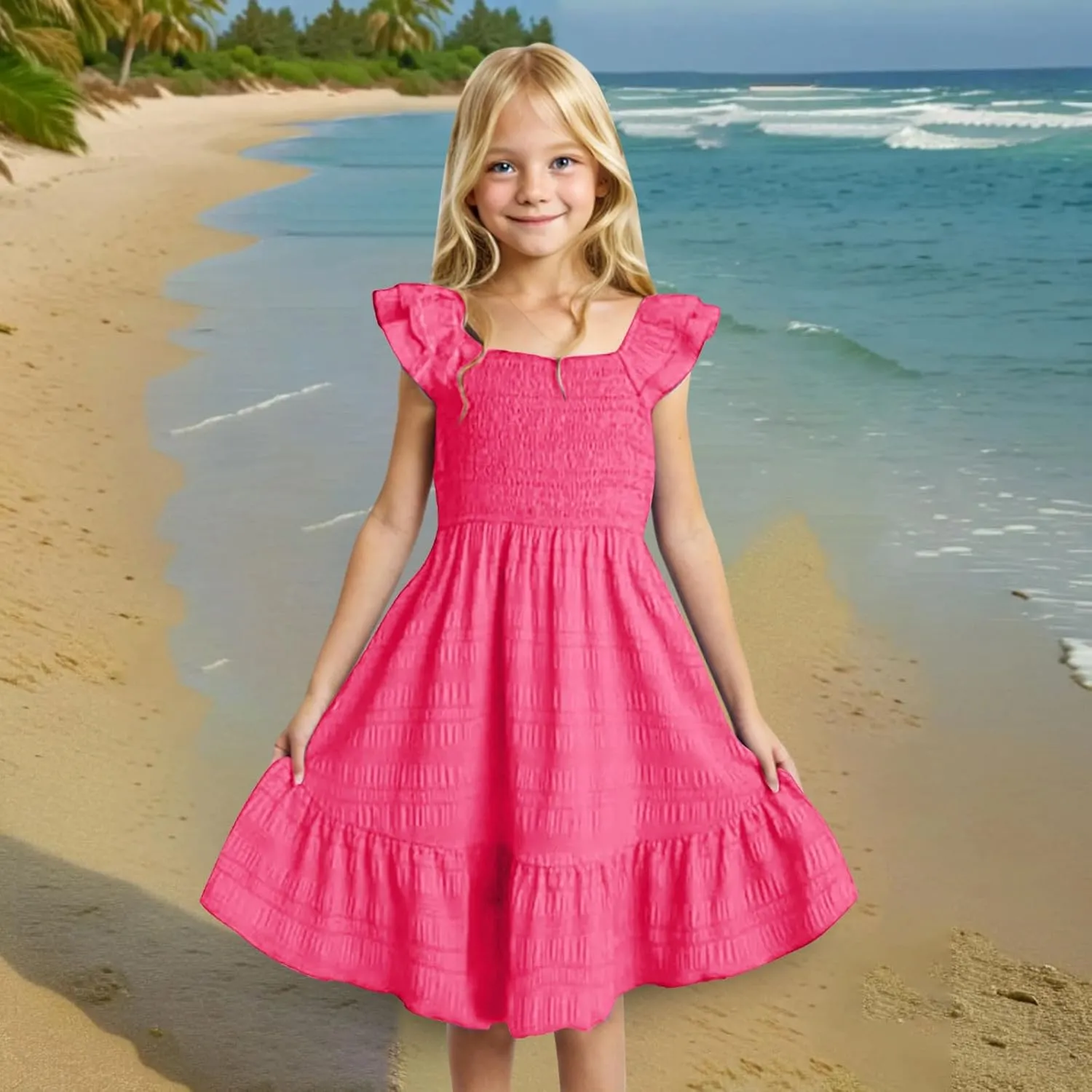 Girl's 2025 Summer Dresses Smocked Flutter Sleeve a Line Sundresses Swing Mini Casual Party Dresses Size 3-14 Years
