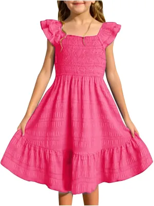 Girl's 2025 Summer Dresses Smocked Flutter Sleeve a Line Sundresses Swing Mini Casual Party Dresses Size 3-14 Years