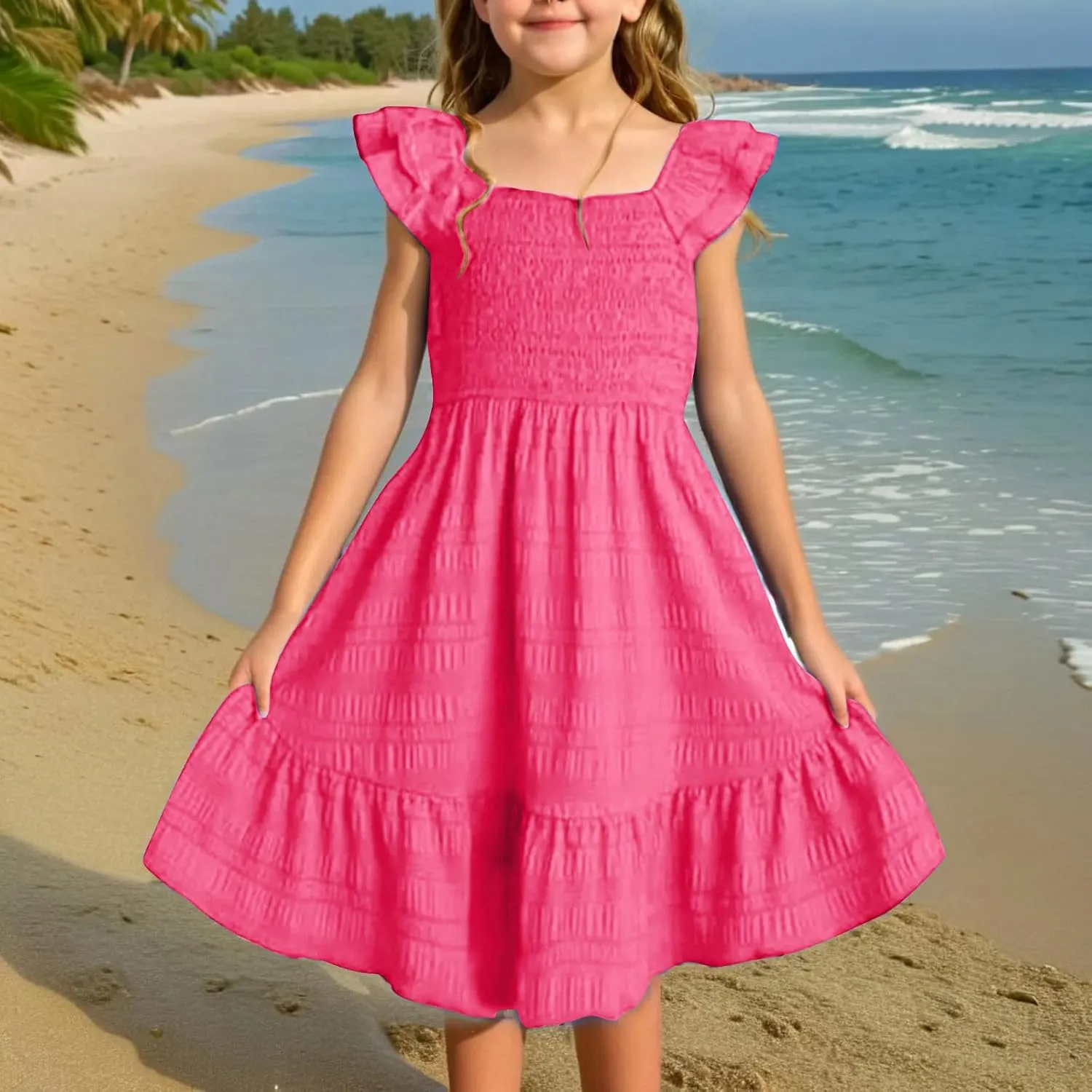 Girl's 2025 Summer Dresses Smocked Flutter Sleeve a Line Sundresses Swing Mini Casual Party Dresses Size 3-14 Years