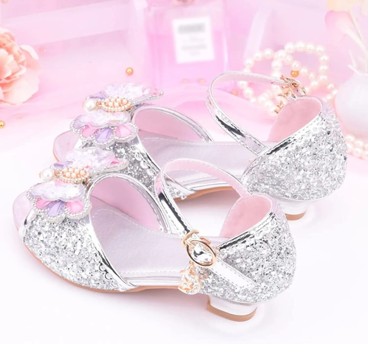 Girls Glitter Sandals High Heels Shiny Princess Dress Shoes with Bow Party Wedding Flower Girl Toddler Boy Dress Shoes