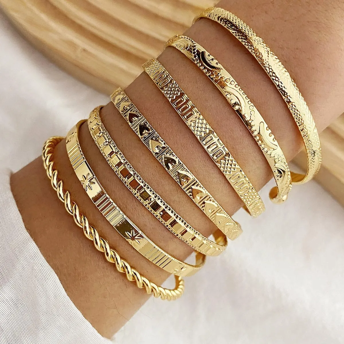 Gold Bangle Bracelets Set for Women 7pcs, Engraved Designs