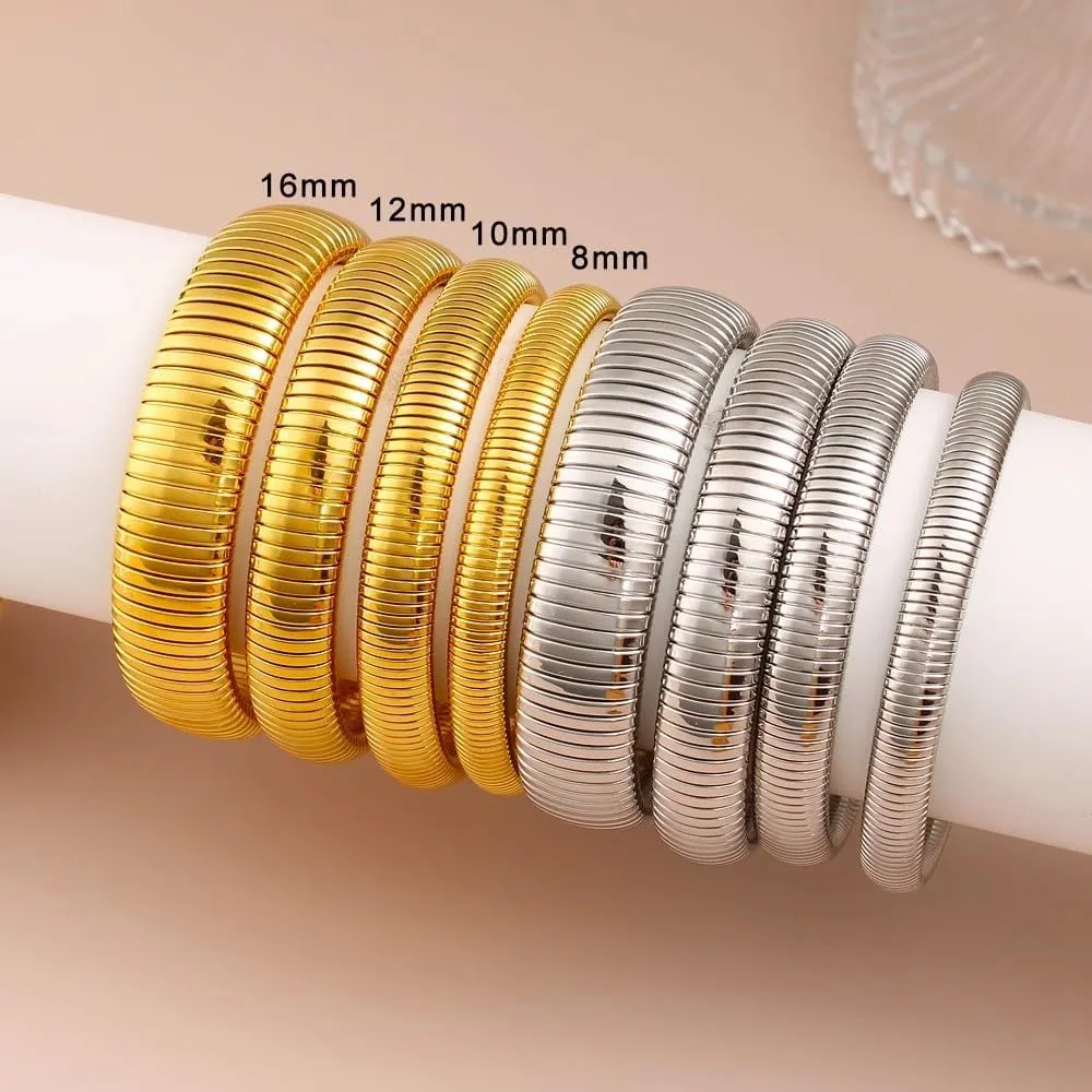 Gold Bangles for Women Set of 3 Chunky Stretch Bangles Bracelets 24K Gold Plated Stainless Steel Bracelets Flexible Wide Stack Bracelets Designer Look Alike Jewelry for Women
