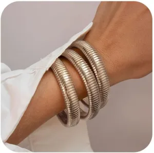 Gold Bangles for Women Set of 3 Chunky Stretch Bangles Bracelets 24K Gold Plated Stainless Steel Bracelets Flexible Wide Stack Bracelets Designer Look Alike Jewelry for Women