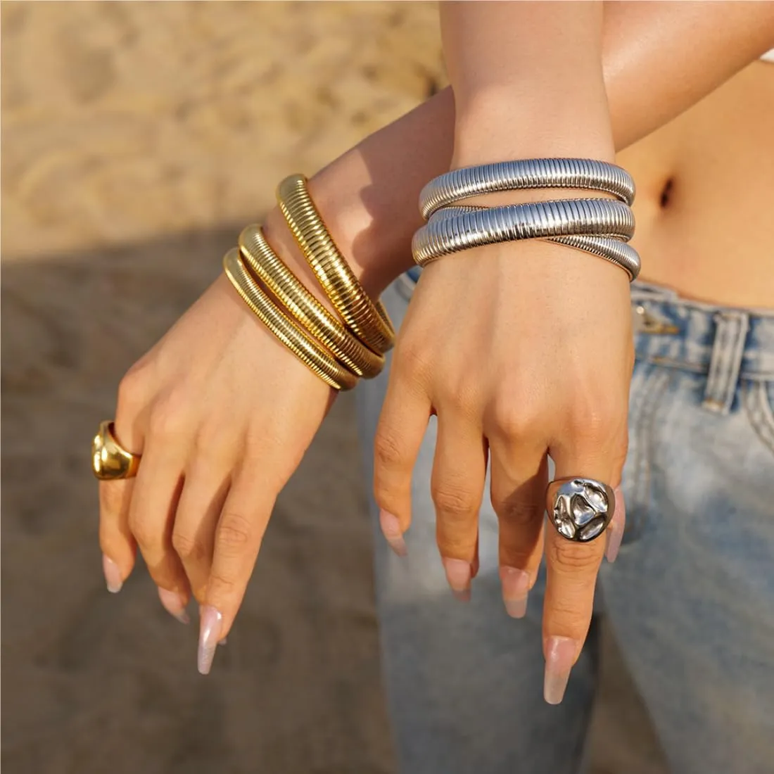 Gold Bangles for Women Set of 3 Chunky Stretch Bangles Bracelets 24K Gold Plated Stainless Steel Bracelets Flexible Wide Stack Bracelets Designer Look Alike Jewelry for Women