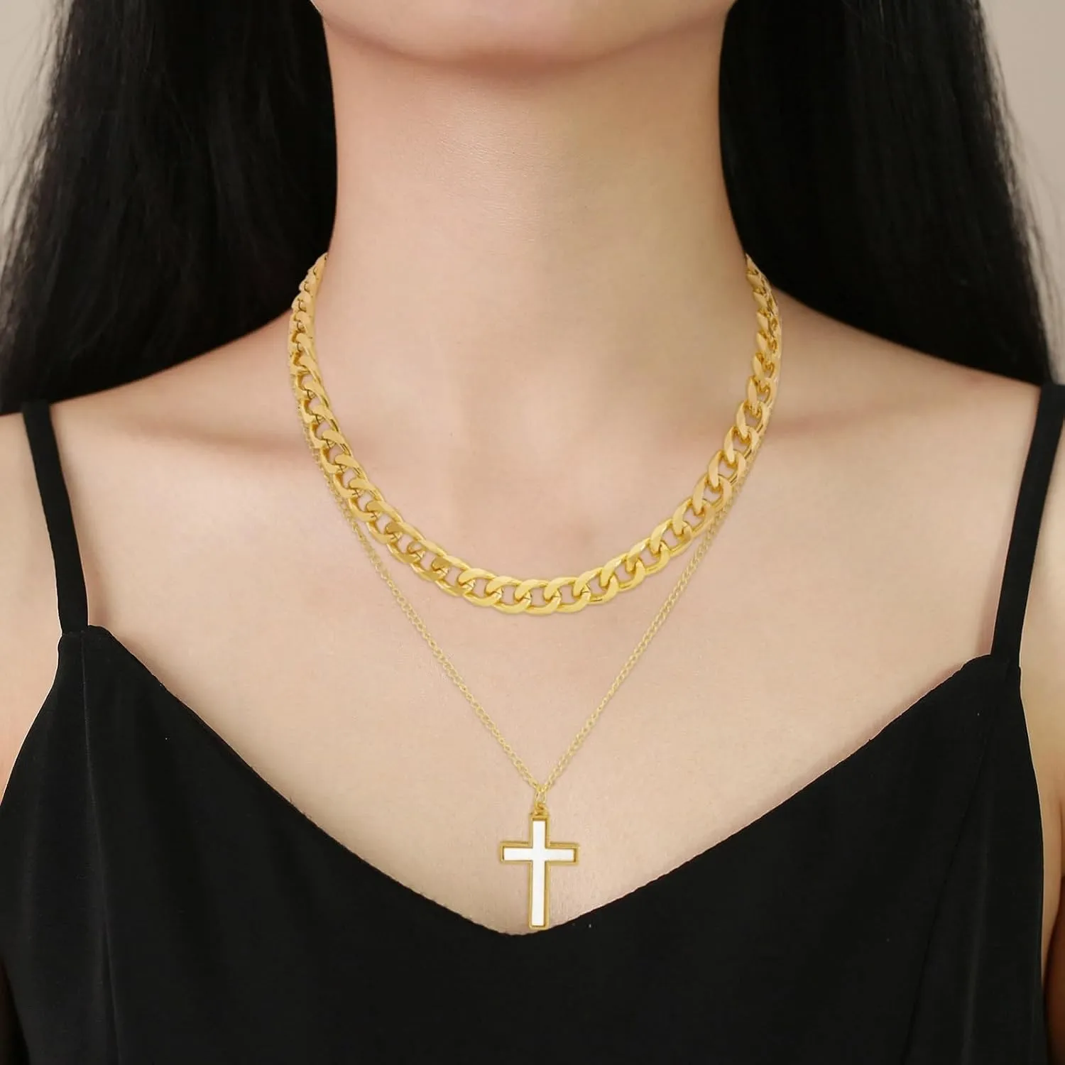 Gold Layered Necklaces for Women Dainty Puffy Heart Necklace Gold Stackable Cross Layered Necklaces Chunky Chain Choker Necklaces Fashion Jewelry