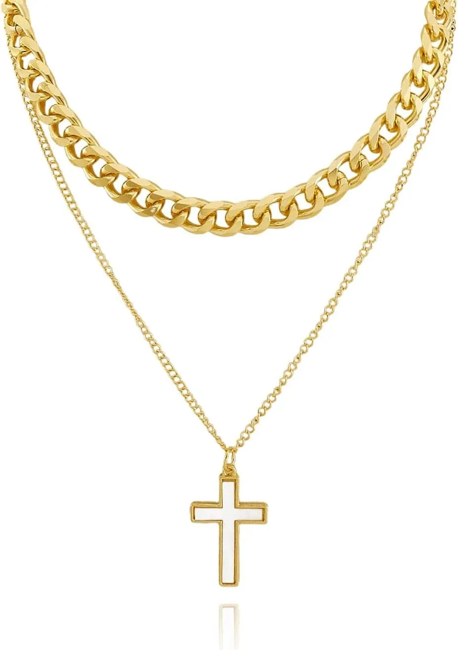 Gold Layered Necklaces for Women Dainty Puffy Heart Necklace Gold Stackable Cross Layered Necklaces Chunky Chain Choker Necklaces Fashion Jewelry