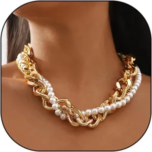 Gold Layered Necklaces for Women Stackable Chunky Pearl Cuban Choker Necklaces Exaggerated Thick Link Chain Necklaces Trendy Punk Jewelry Accessories