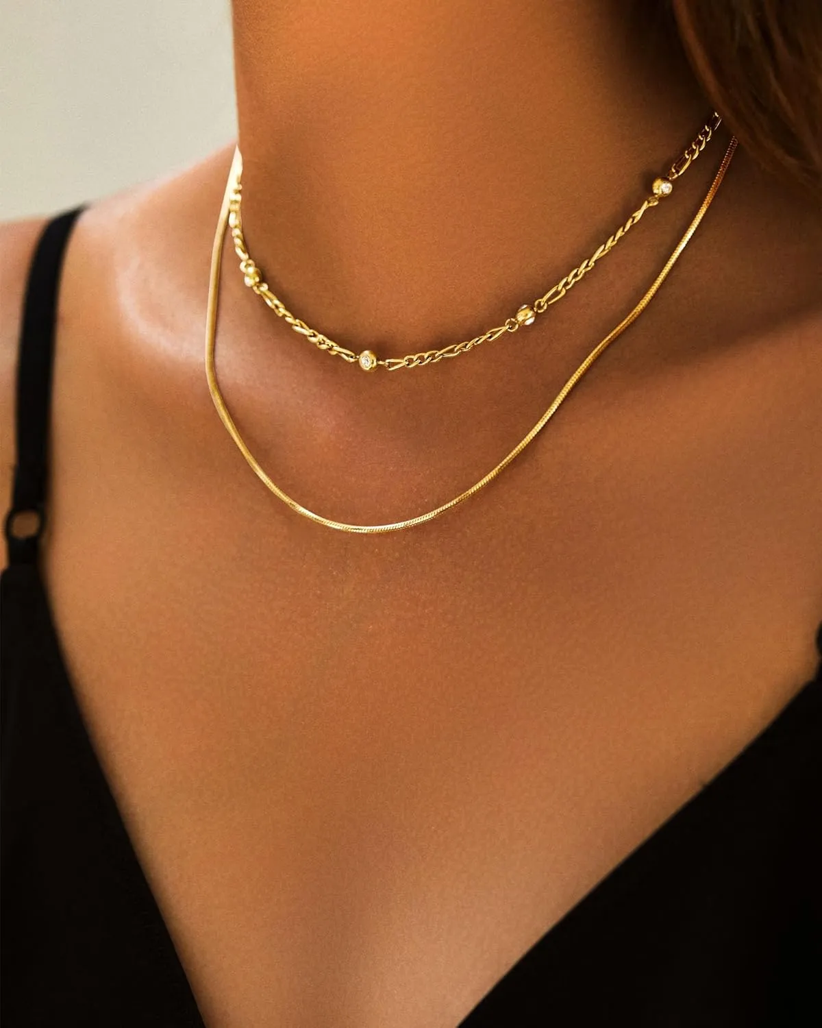 Gold Necklaces for Women, 14K Gold Plated Dainty Gold Diamond Figaro Necklaces Herringbone Pendant Chain Necklaces, Gold Trendy Jewelry for Women