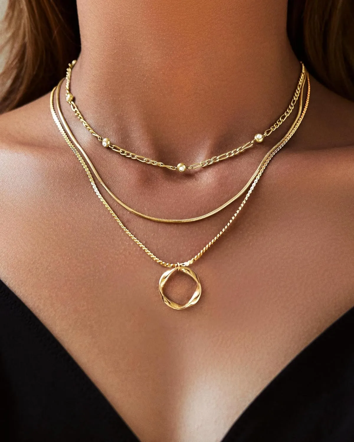 Gold Necklaces for Women, 14K Gold Plated Dainty Gold Diamond Figaro Necklaces Herringbone Pendant Chain Necklaces, Gold Trendy Jewelry for Women