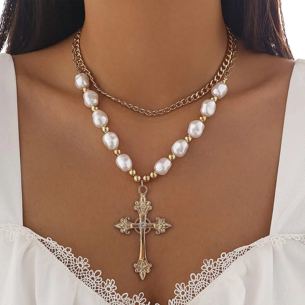 Gold Pearl Cross Necklaces for Women Layered Y2k Baroque Pearl Beaded Choker Necklaces Adjustable Cross Pendant Necklaces Trendy Punk Jewelry Gifts