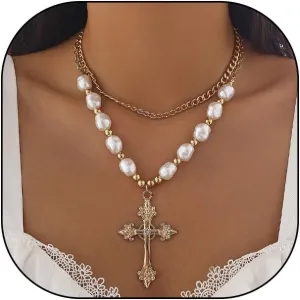 Gold Pearl Cross Necklaces for Women Layered Y2k Baroque Pearl Beaded Choker Necklaces Adjustable Cross Pendant Necklaces Trendy Punk Jewelry Gifts