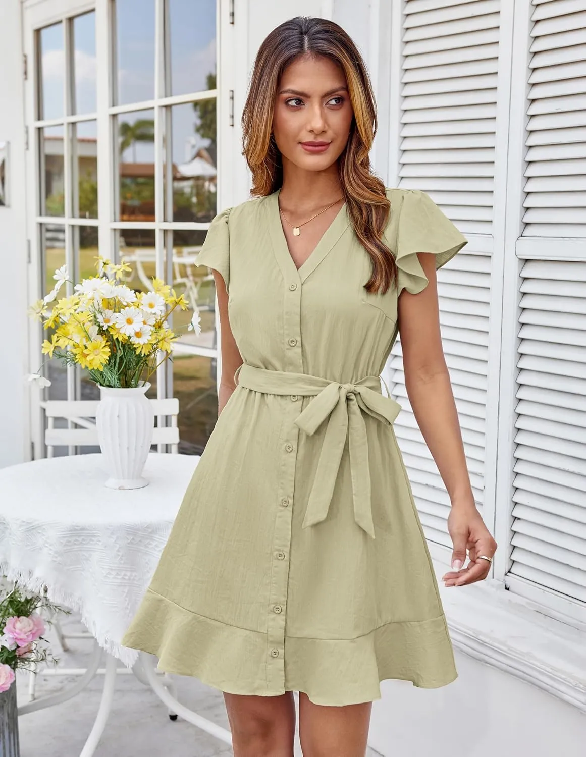 GRACE KARIN Women's Casual Dresses 2025 Summer Ruffle Cap Sleeves Button Down Tie Waist Swing Sundress