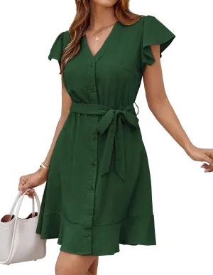 GRACE KARIN Women's Casual Dresses 2025 Summer Ruffle Cap Sleeves Button Down Tie Waist Swing Sundress
