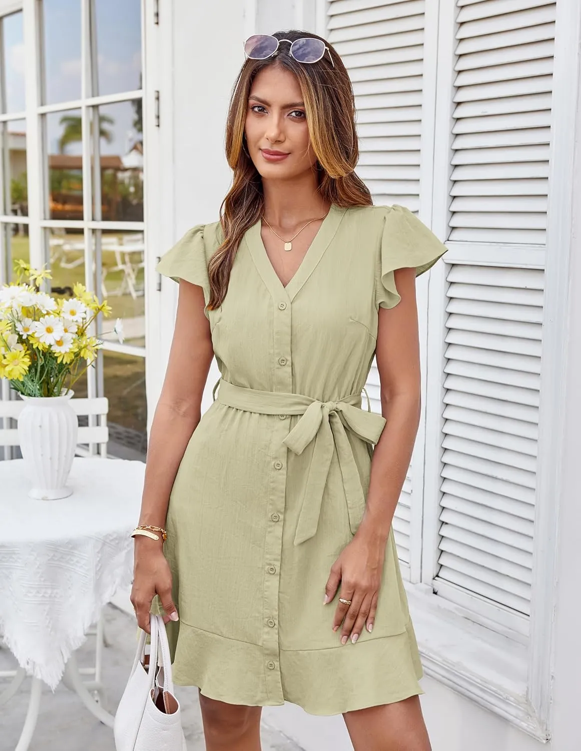 GRACE KARIN Women's Casual Dresses 2025 Summer Ruffle Cap Sleeves Button Down Tie Waist Swing Sundress