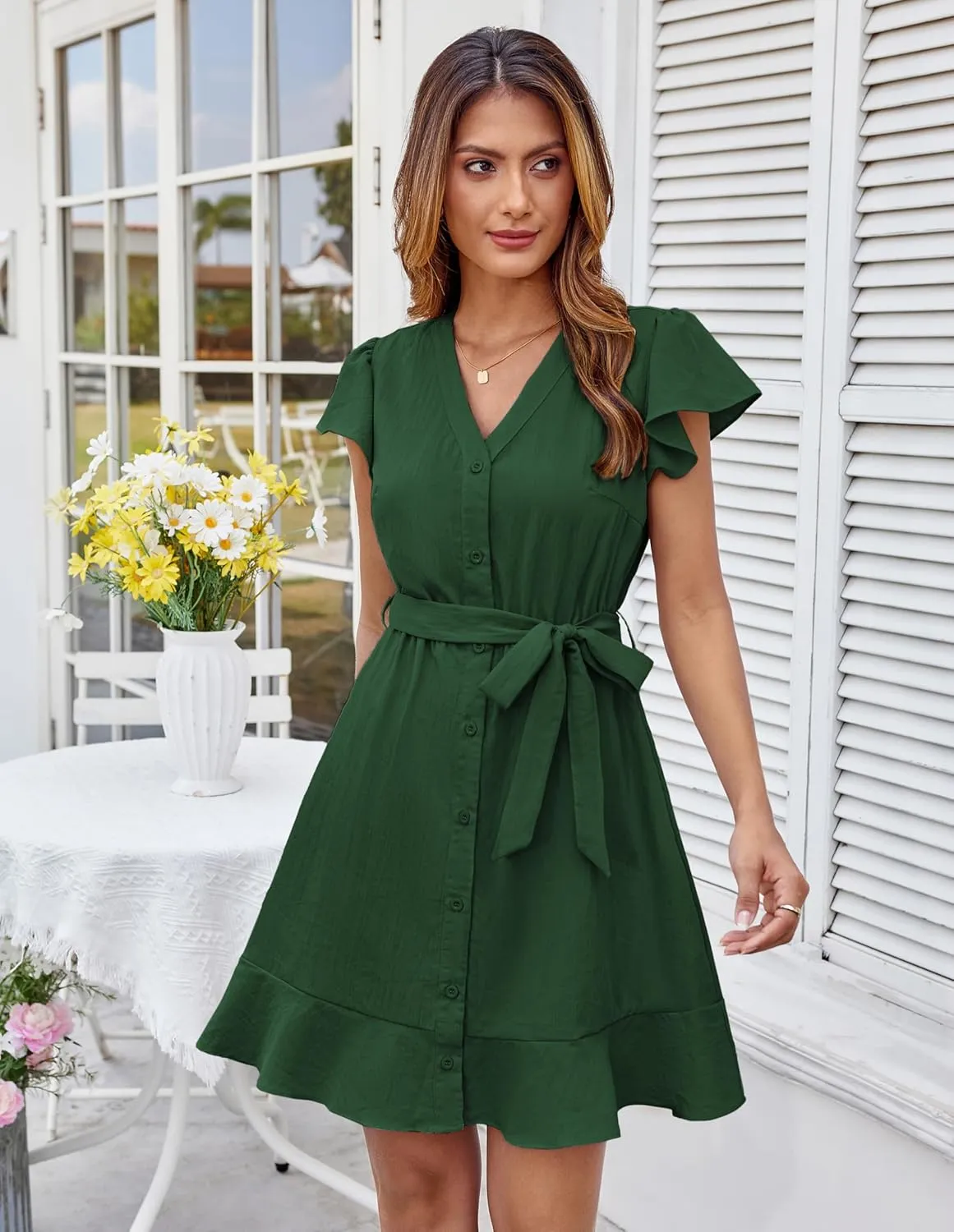 GRACE KARIN Women's Casual Dresses 2025 Summer Ruffle Cap Sleeves Button Down Tie Waist Swing Sundress